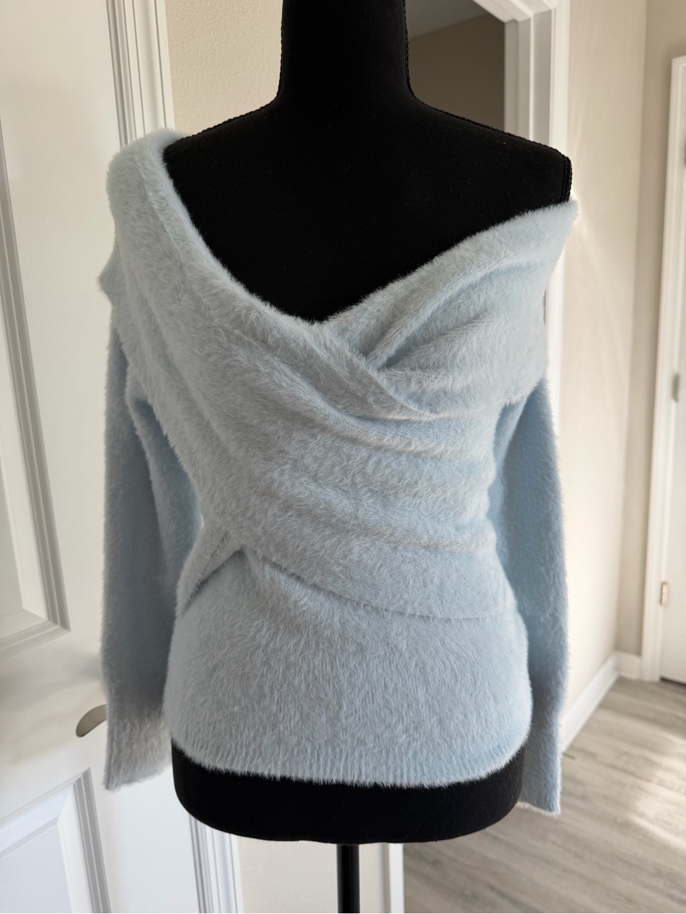 Express Off-the-Shoulder Wrap Sweater - light blue